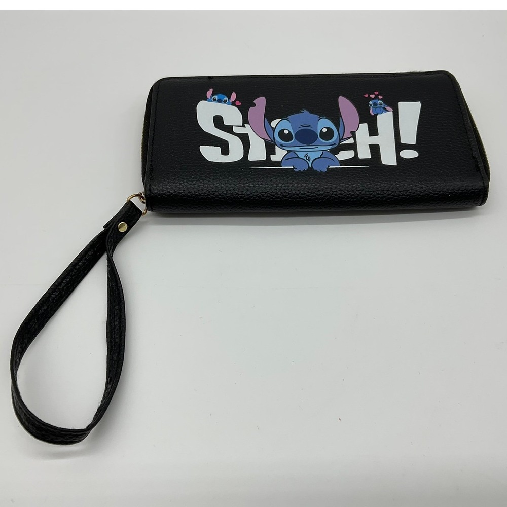 Disney Stitch Zip Around Wristlet Wallet Women Black Pink Faux Leather Travel